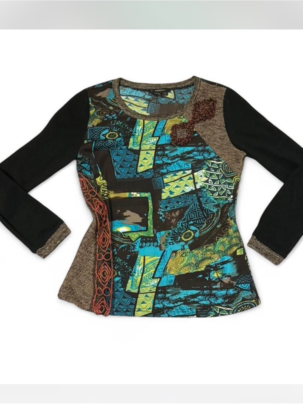 Radzoli women's Black & Teal Patchwork Long Sleeve Top